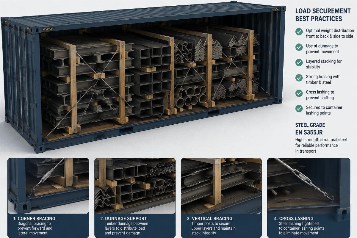 3D rendering of a shipping container loaded with mixed EN S355JR structural steel bulk, showing optimal stacking and bracing techniques