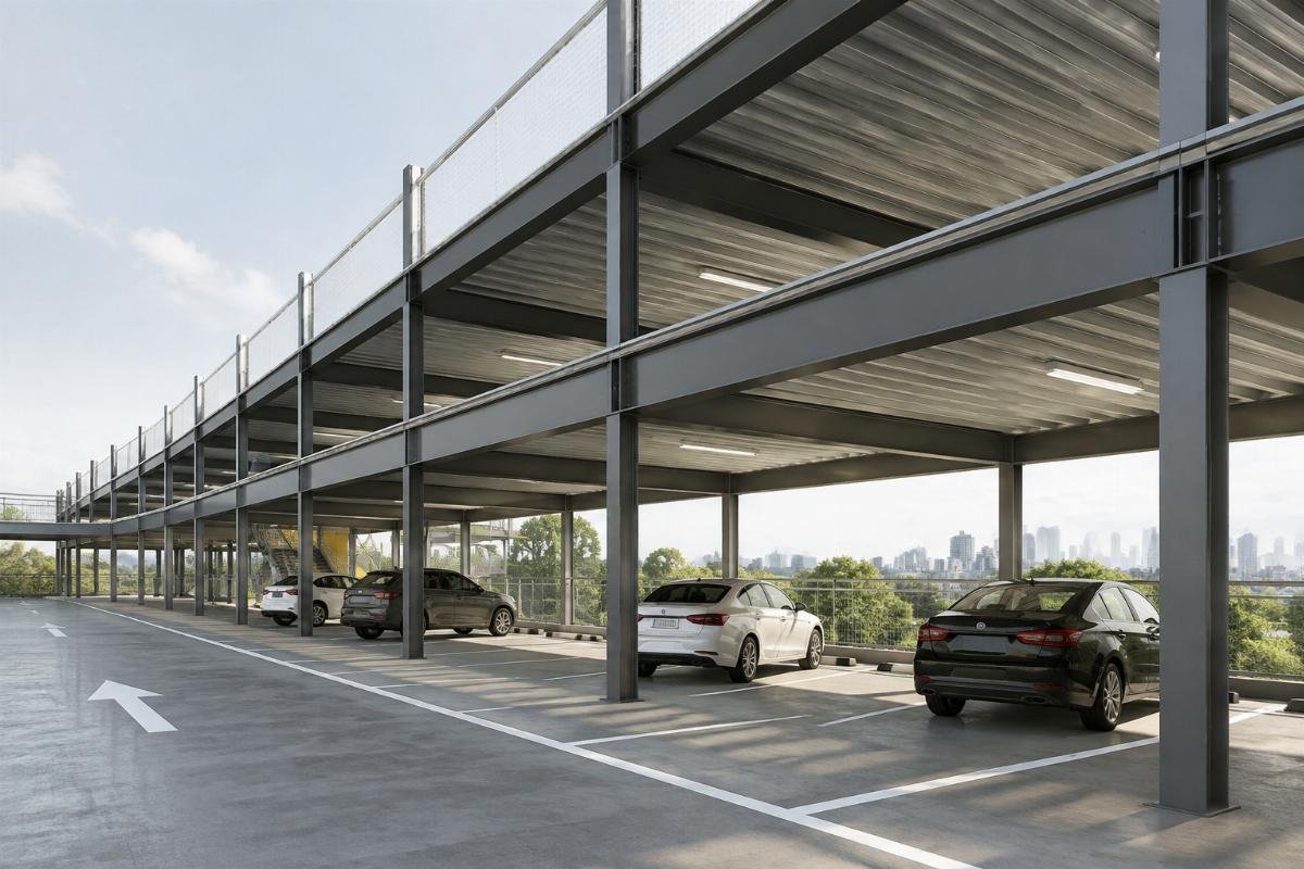 Architectural rendering of a modern multi-level car park featuring slim SHS columns and RHS beams