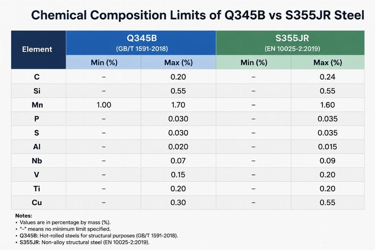 Chart comparing chemical composition limits of Q345B and S355JR steel