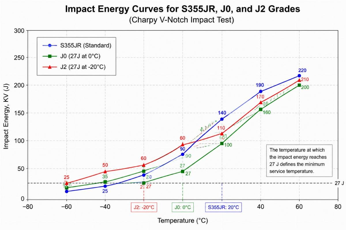 Chart comparing impact energy curves for S355JR, J0, and J2 grades across different temperatures