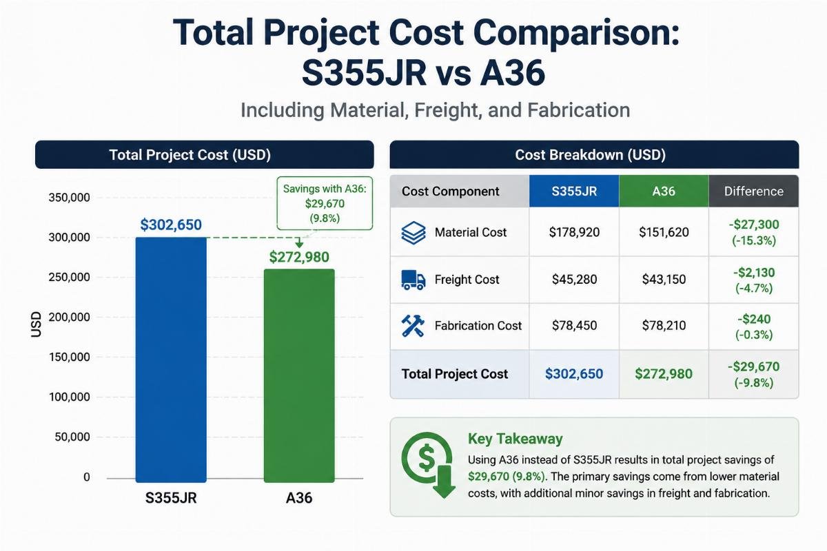 Chart comparing total project costs including material, freight, and fabrication for S355JR and A36