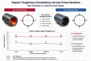 Chart illustrating impact toughness consistency across cross-sections for hot-finished vs cold-formed tubes