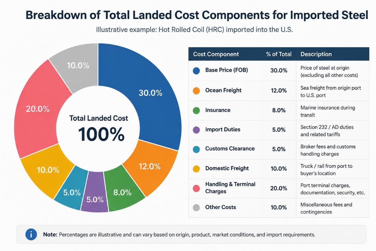 Chart showing the breakdown of total landed cost components for imported steel