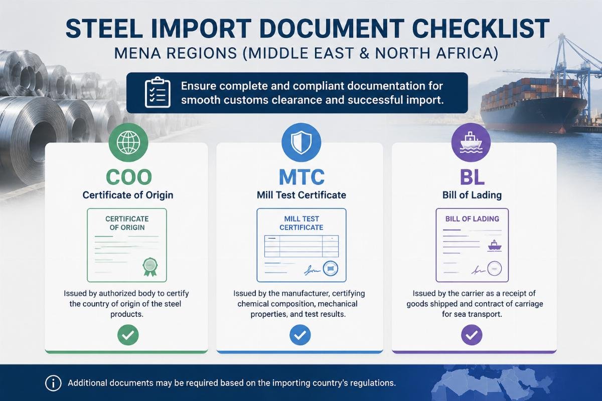 Checklist graphic showing required documents for steel import into MENA regions including COO, MTC, and BL with checkmarks
