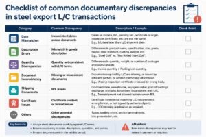 Checklist of common documentary discrepancies in steel export L/C transactions including date mismatches and description errors