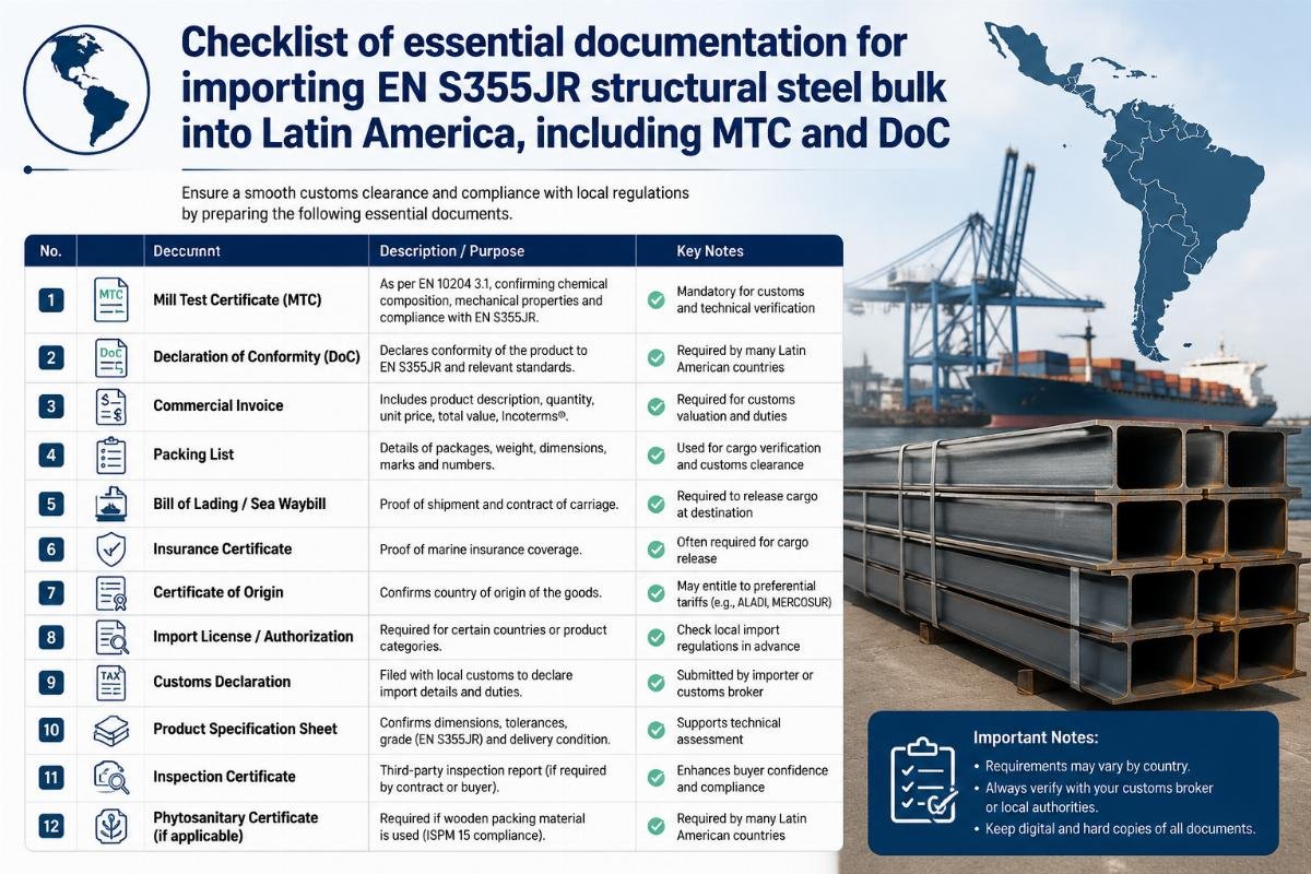 Checklist of essential documentation for importing EN S355JR structural steel bulk into Latin America, including MTC and DoC