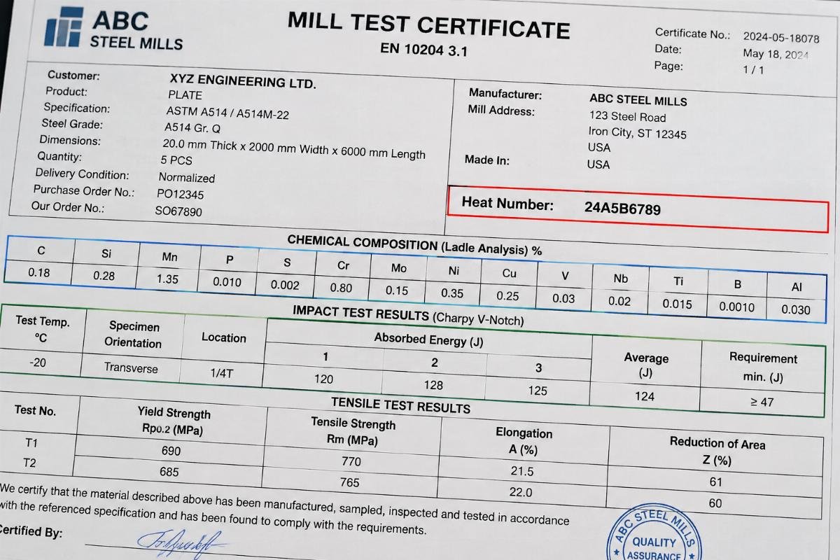 Close-up of a Mill Test Certificate highlighting heat number, chemical composition, and impact test results