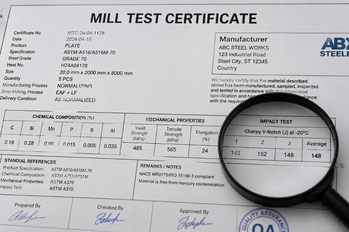 Close-up of a Mill Test Certificate highlighting impact test values and standard references