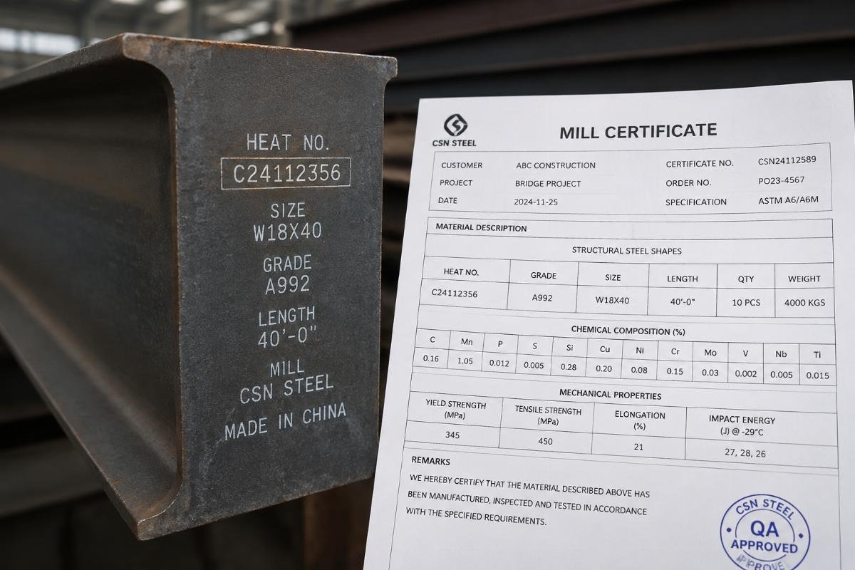 Close-up of a structural steel beam end with visible heat number stamping and mill certificate documentation