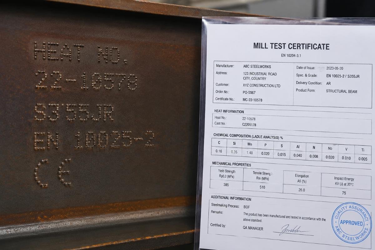 Close-up of heat number stamp on S355JR steel beam next to Mill Test Certificate