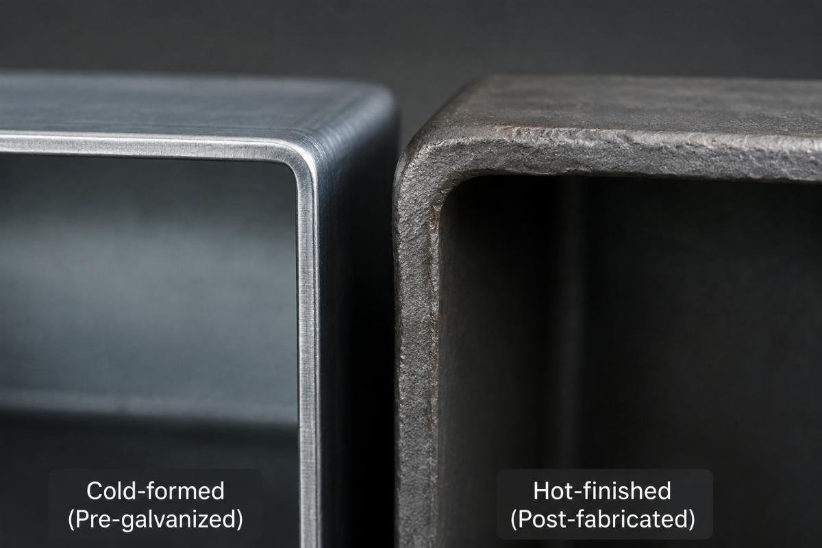 Close-up of steel section corner showing difference between cold-formed and hot-finished profiles