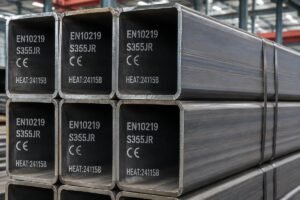 Close-up view of EN10219 certified S355JR structural steel hollow sections stacked in a warehouse, highlighting surface quality and end markings
