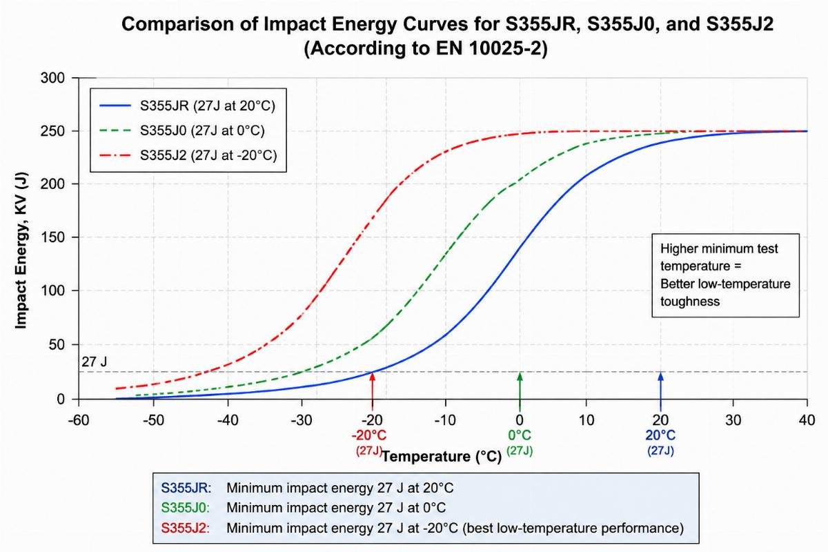 Comparison chart illustrating the impact energy curves for S355JR, S355J0, and S355J2 at different temperatures