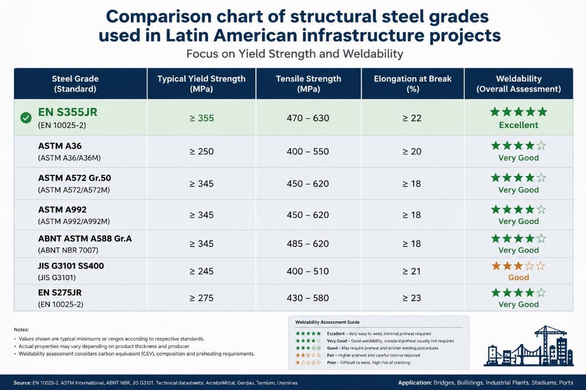 Comparison chart of structural steel grades used in Latin American infrastructure projects, focusing on yield strength and weldability of EN S355JR