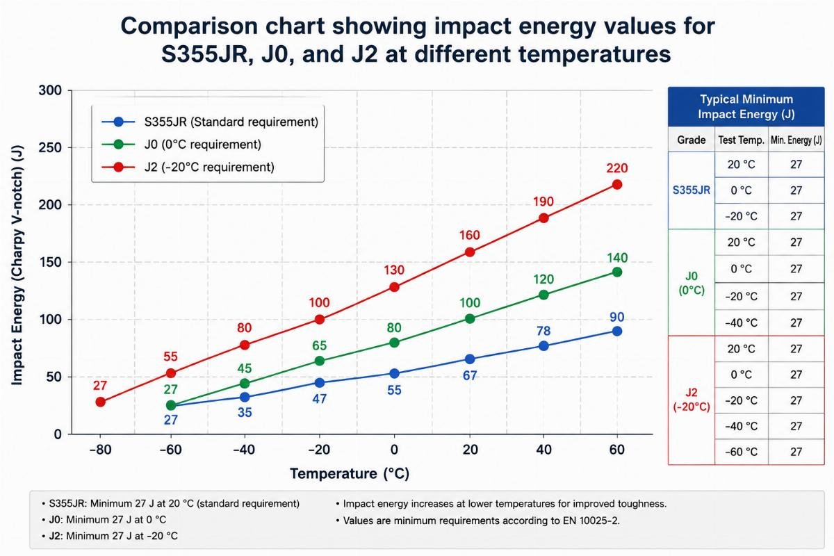 Comparison chart showing impact energy values for S355JR, J0, and J2 at different temperatures