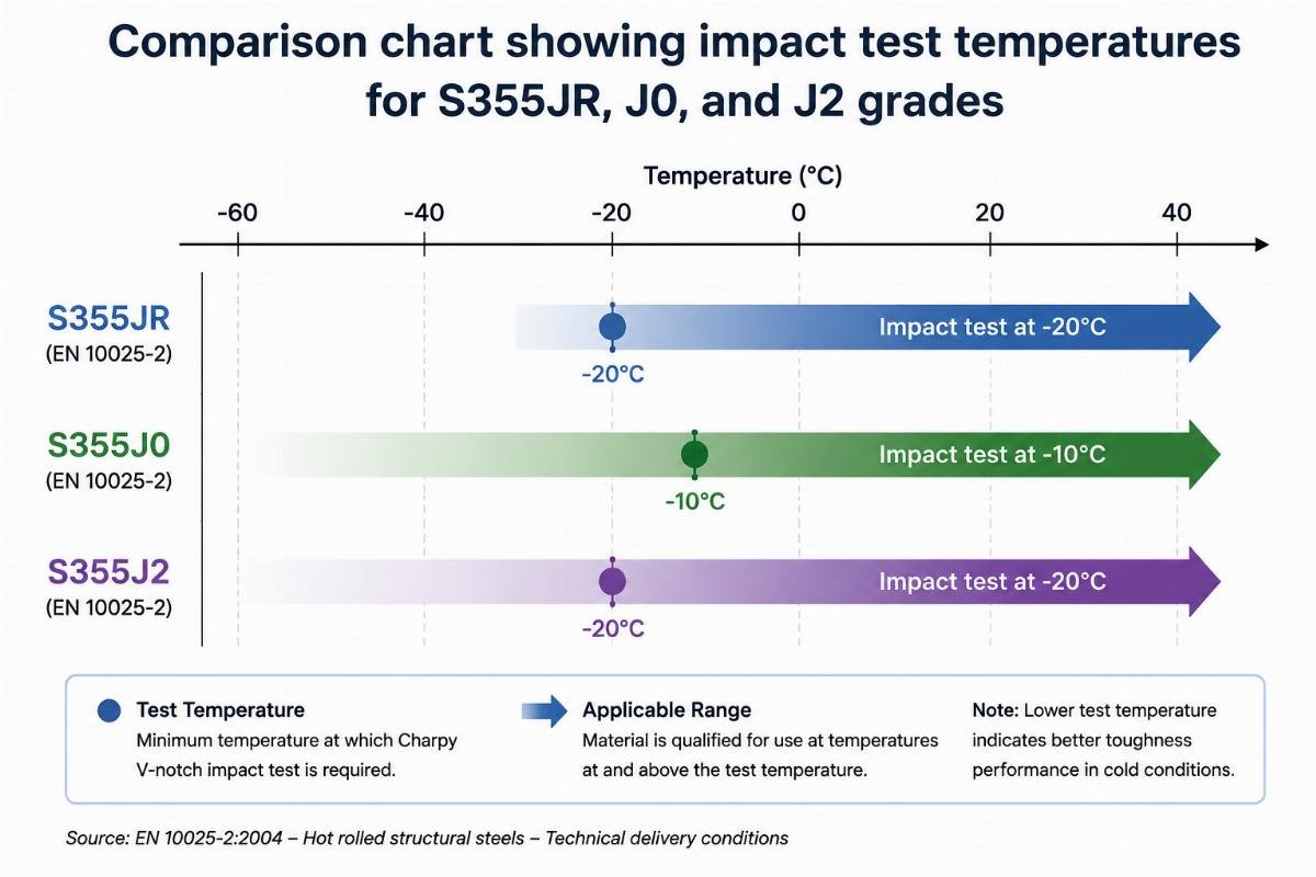 Comparison chart showing impact test temperatures for S355JR, J0, and J2 grades