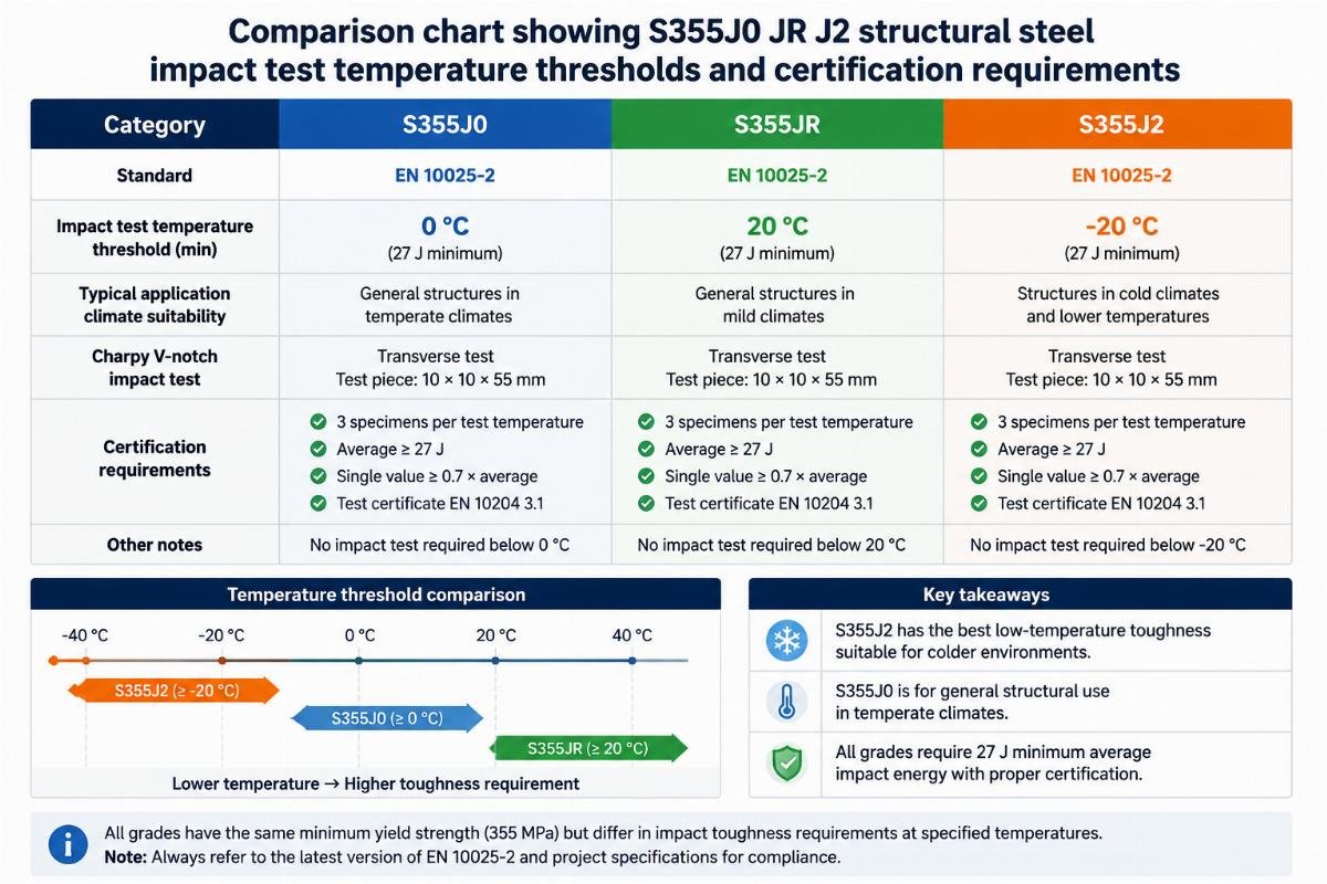Comparison chart showing S355J0 JR J2 structural steel impact test temperature thresholds and certification requirements