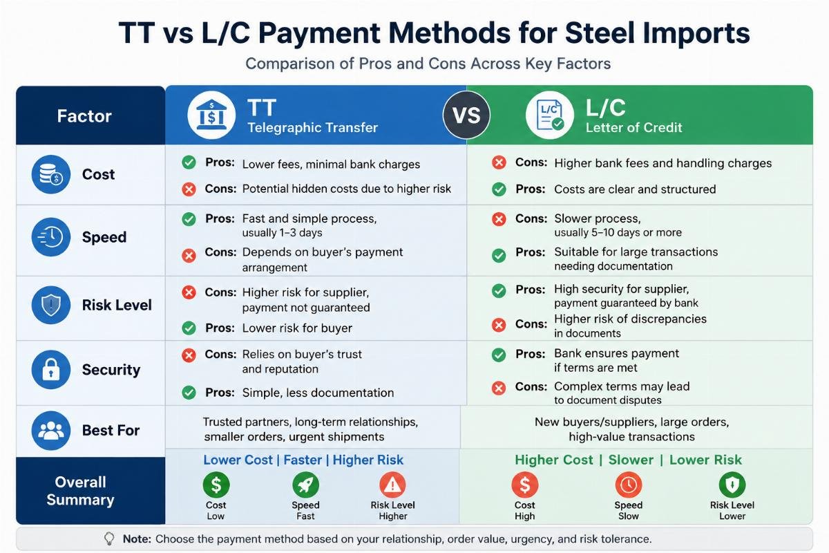 Comparison chart showing the pros and cons of TT vs L/C payment methods for steel imports including cost speed and risk levels