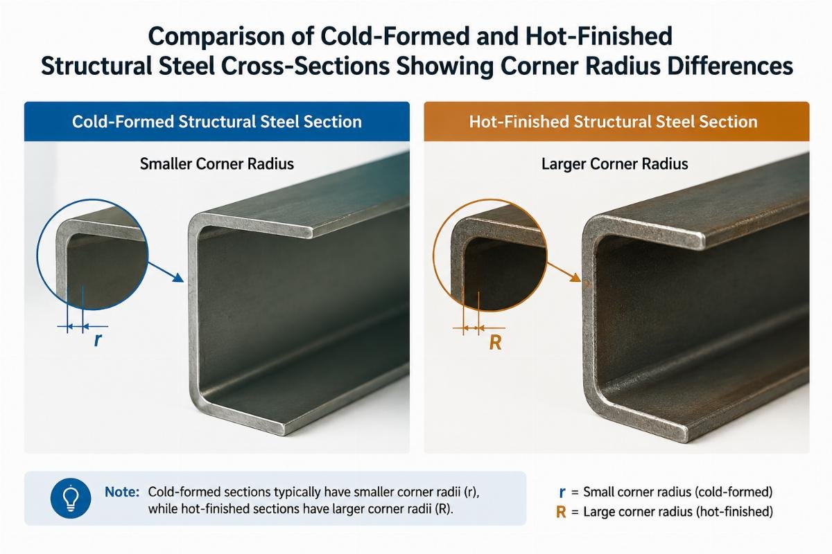 Comparison of cold-formed and hot-finished structural steel cross-sections showing corner radius differences