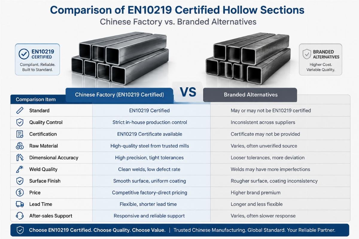 Comparison of EN10219 certified hollow sections from a Chinese factory versus branded alternatives