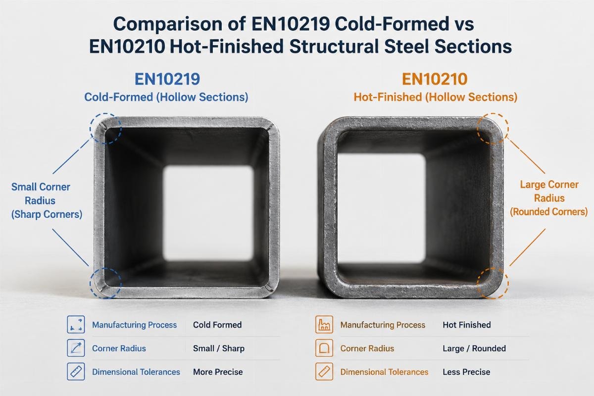 Comparison of EN10219 cold-formed vs EN10210 hot-finished structural steel sections with visible corner radii differences