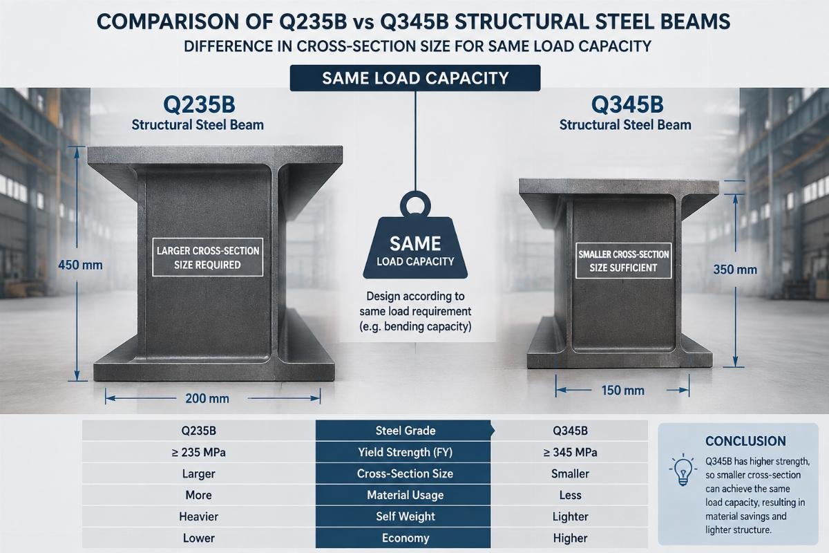 Comparison of Q235B vs Q345B structural steel beams showing difference in cross-section size for same load capacity