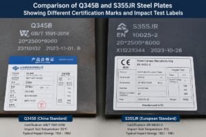 Comparison of Q345B and S355JR steel plates showing different certification marks and impact test labels