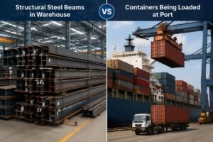 Comparison of stacked structural steel beams in a warehouse versus containers being loaded at a port