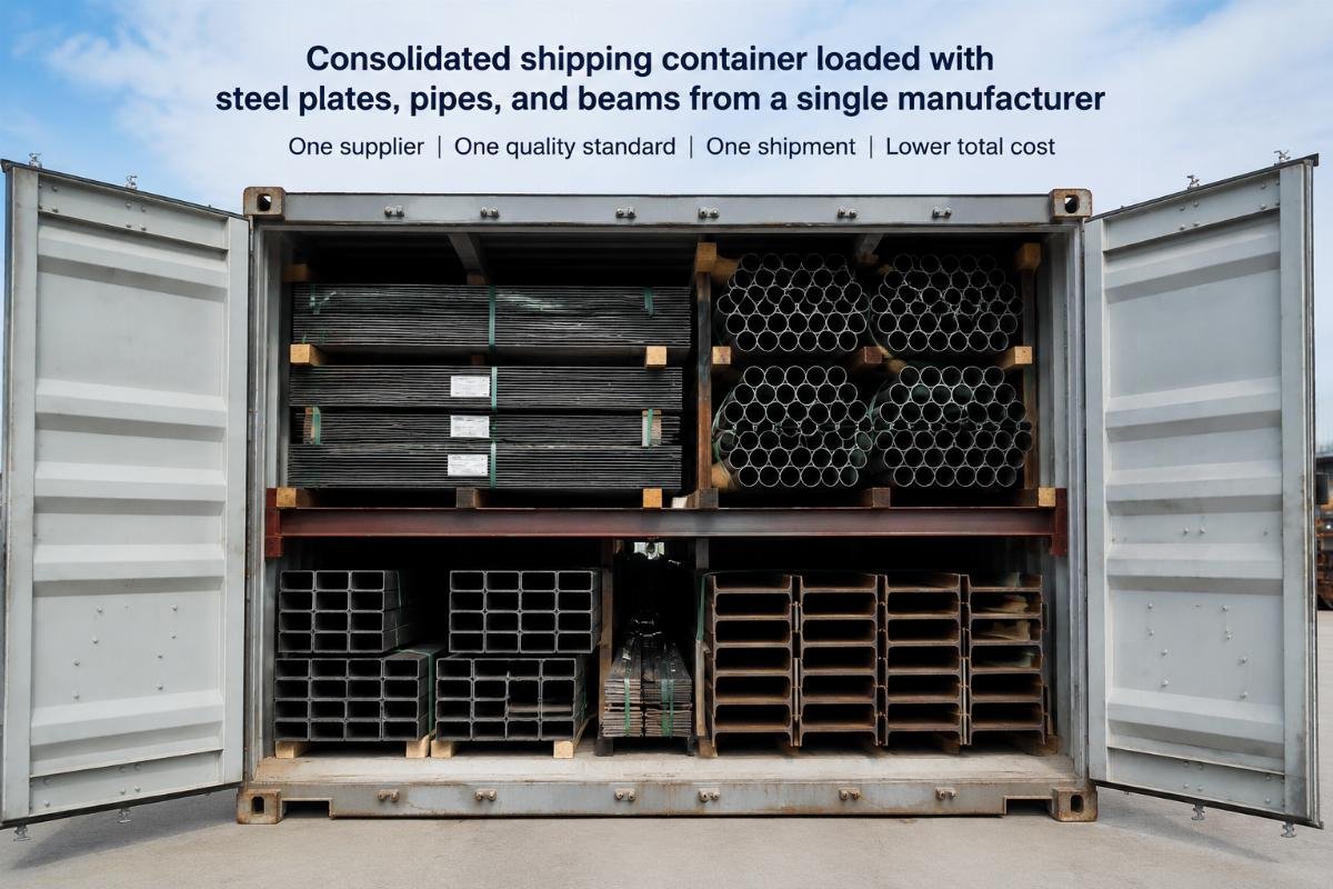 Consolidated shipping container loaded with steel plates, pipes, and beams from a single manufacturer
