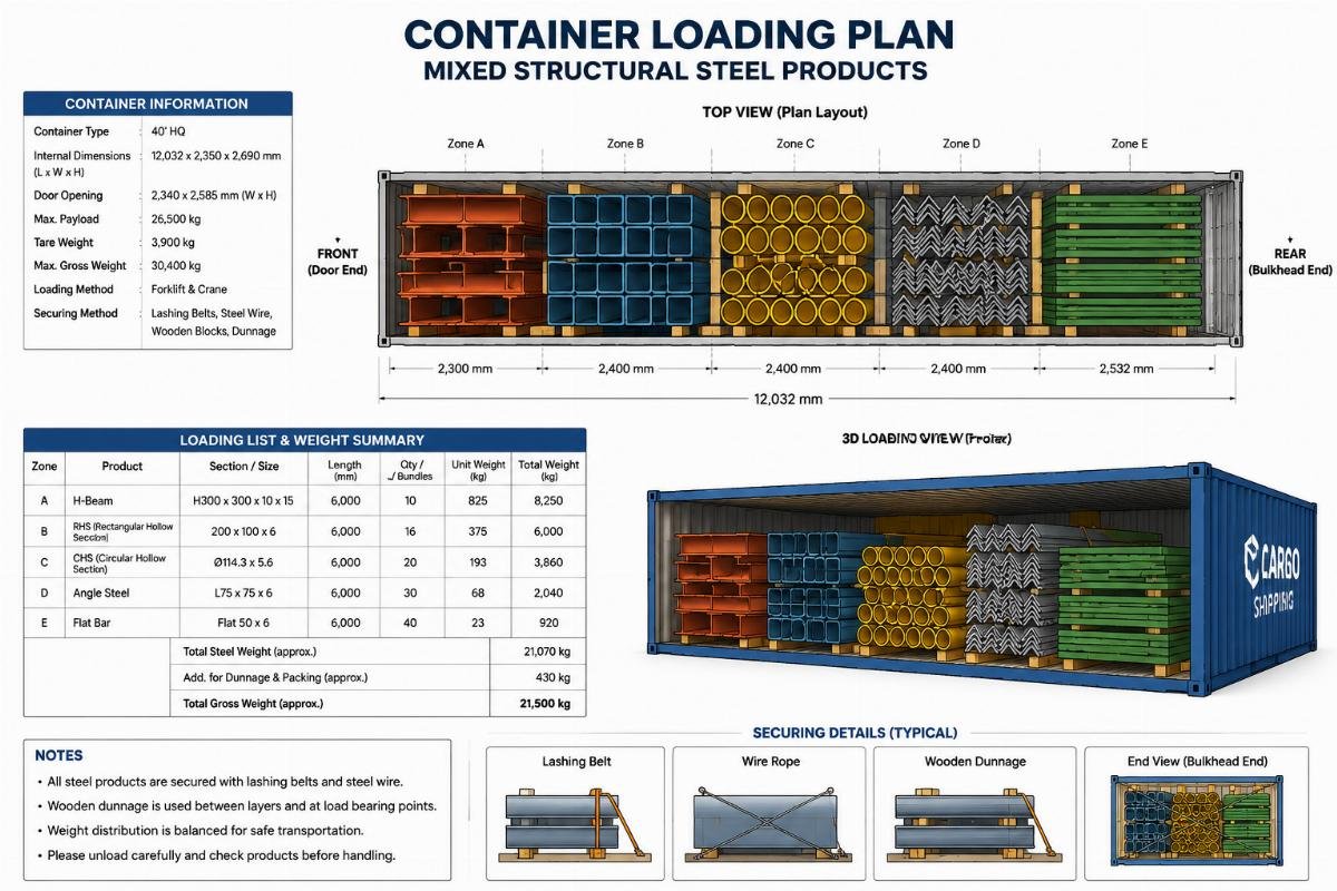 Container loading plan showing mixed structural steel products