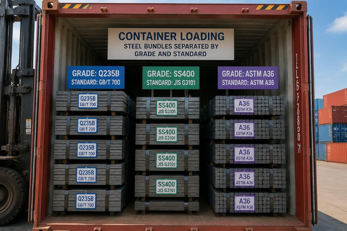 Container loading scene with clearly labeled steel bundles separated by grade and standard
