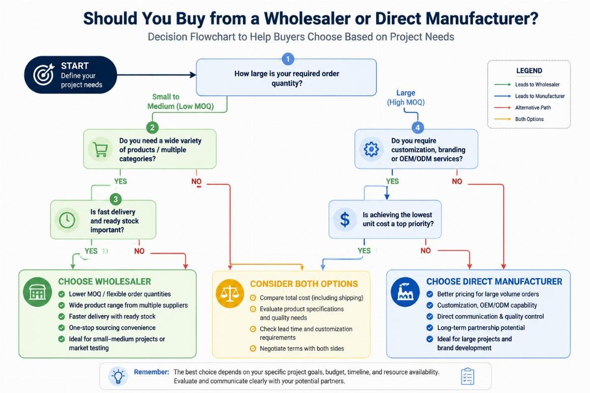 Decision flowchart helping buyers choose between wholesaler and direct manufacturer based on project needs