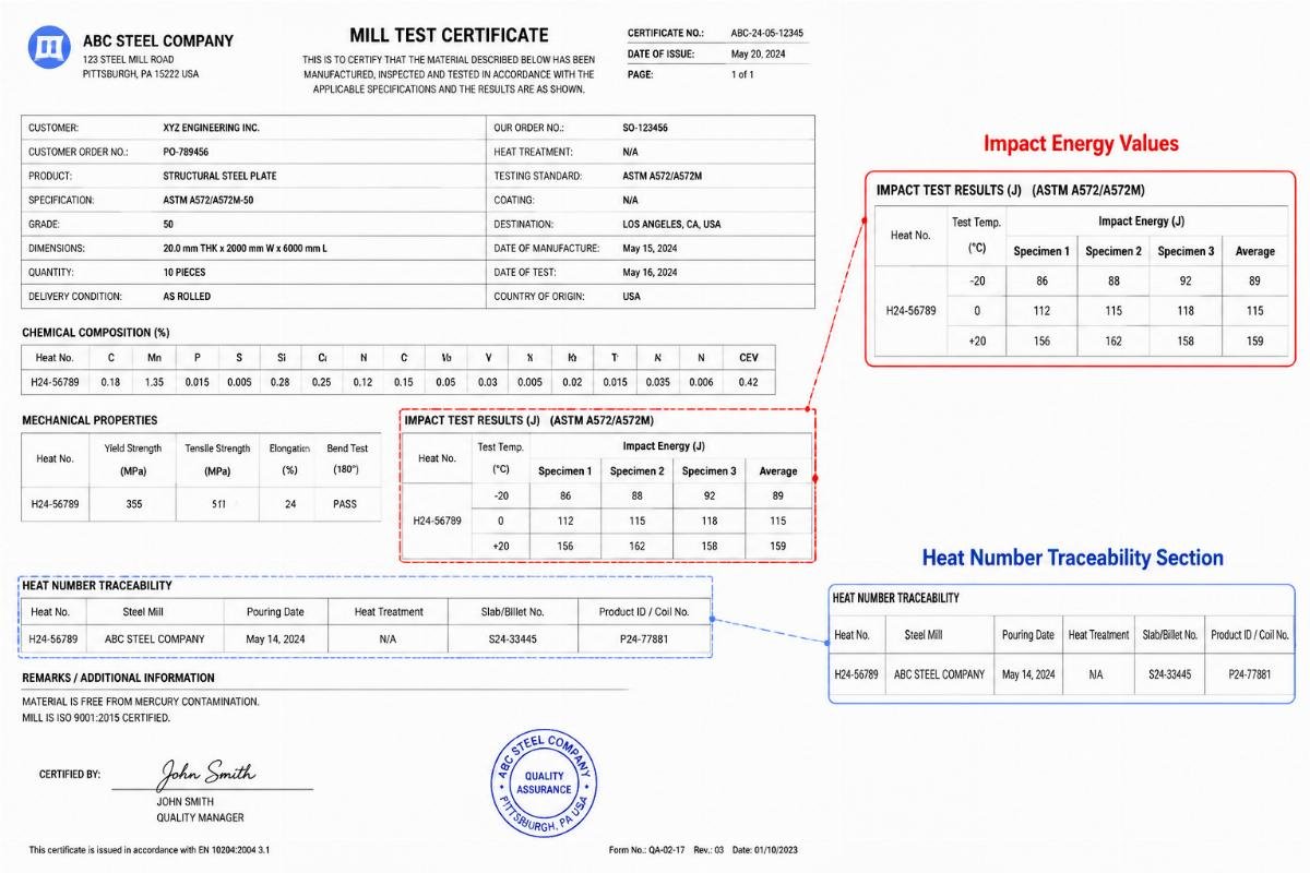 Detailed view of a Mill Test Certificate highlighting the impact energy values and heat number traceability section