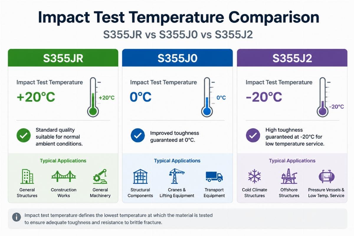 Diagram comparing impact test temperatures for S355JR (+20°C), S355J0 (0°C), and S355J2 (-20°C)