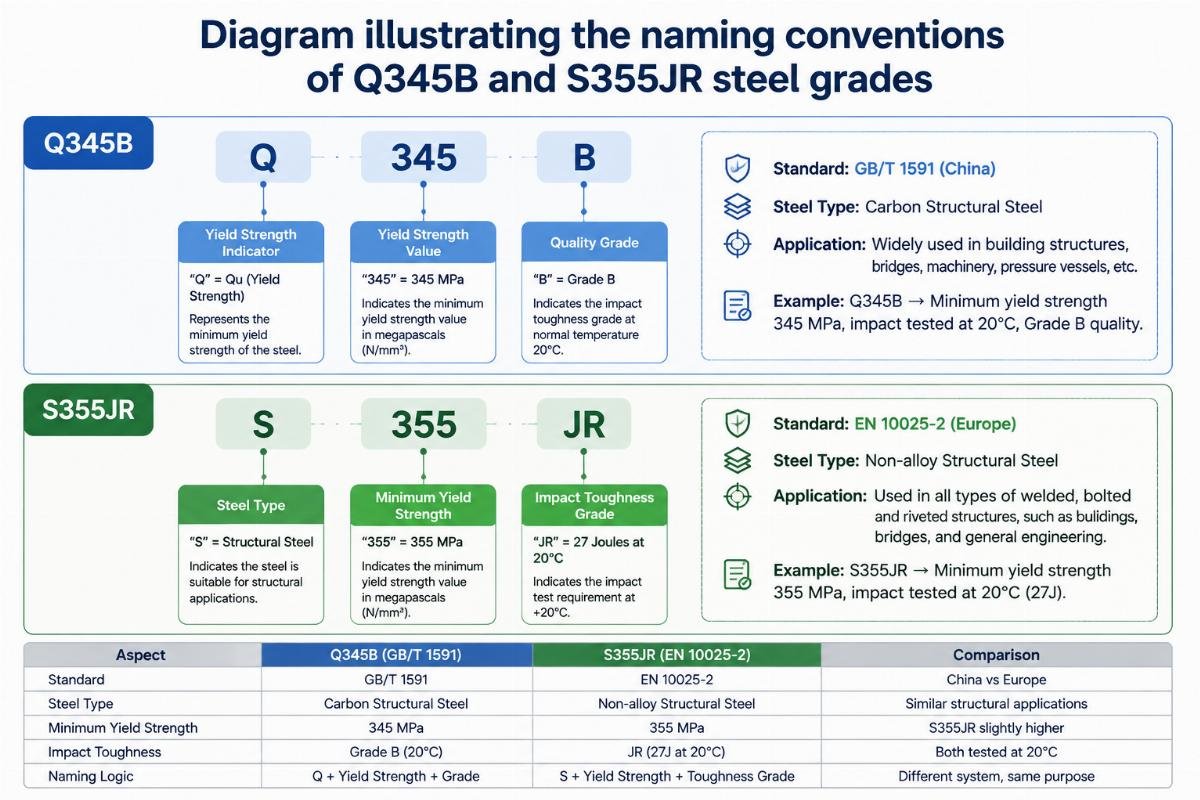 Diagram illustrating the naming conventions of Q345B and S355JR steel grades