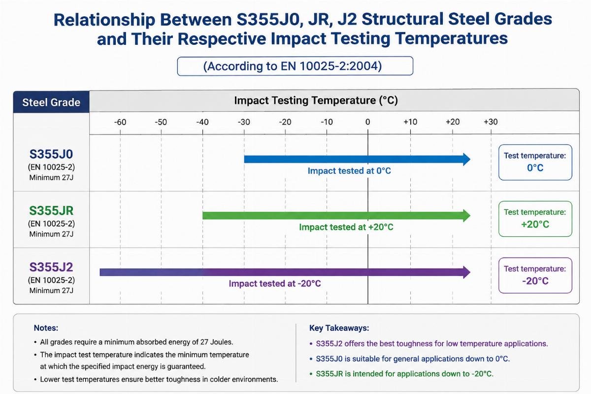 Diagram illustrating the relationship between S355J0 JR J2 structural steel grades and their respective impact testing temperatures