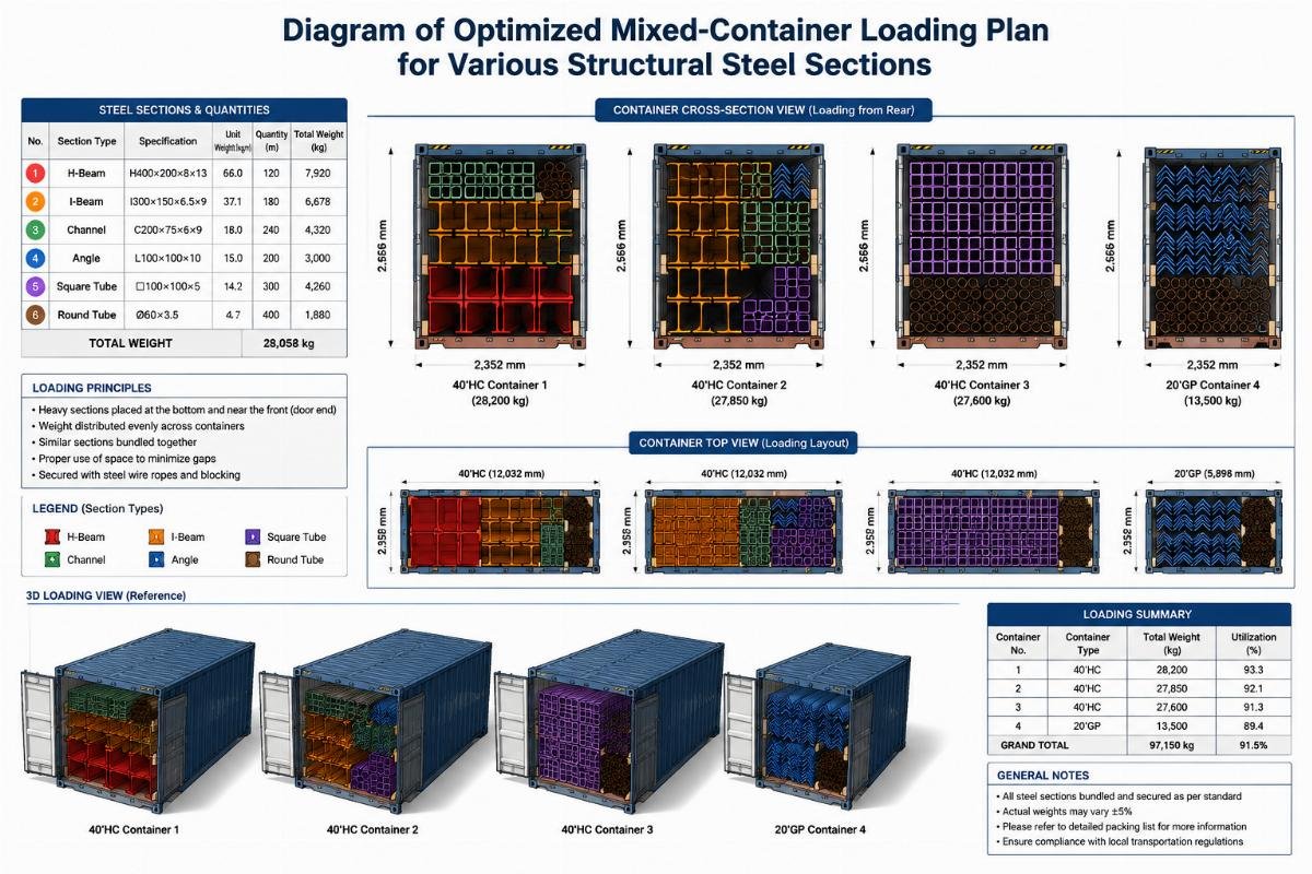Diagram of optimized mixed-container loading plan for various structural steel sections