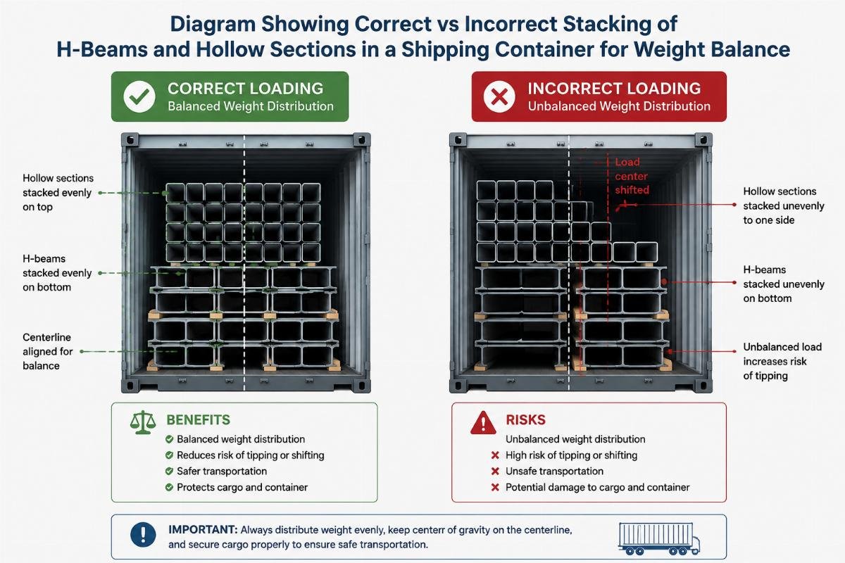 Diagram showing correct vs incorrect stacking of H-beams and hollow sections in a shipping container for weight balance