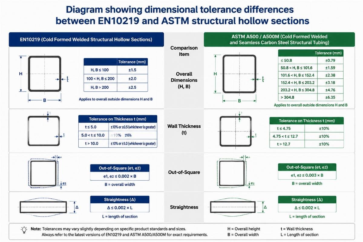 Diagram showing dimensional tolerance differences between EN10219 and ASTM structural hollow sections