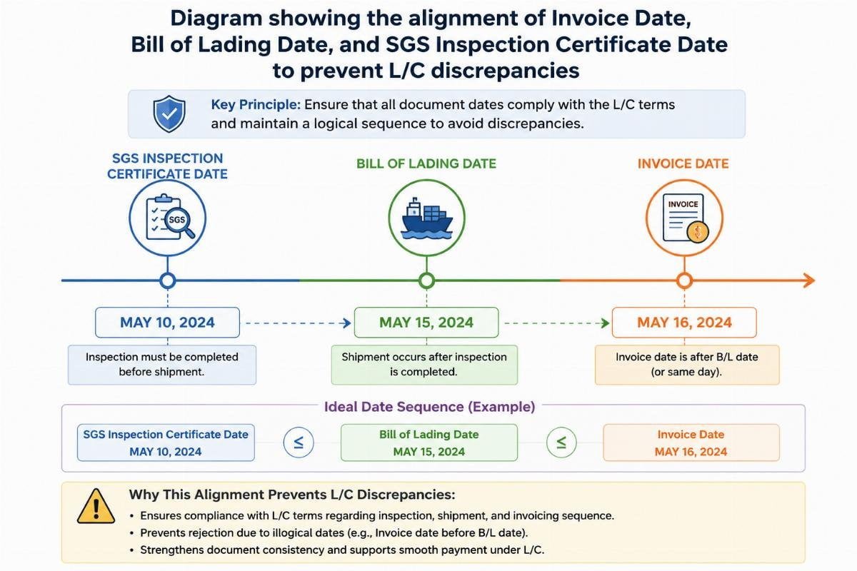 Diagram showing the alignment of Invoice Date, Bill of Lading Date, and SGS Inspection Certificate Date to prevent L/C discrepancies