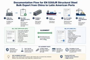Diagram showing the documentation flow for EN S355JR structural steel bulk export from China to Latin American ports, highlighting the Mill Test Certificate and Bill of Lading alignment