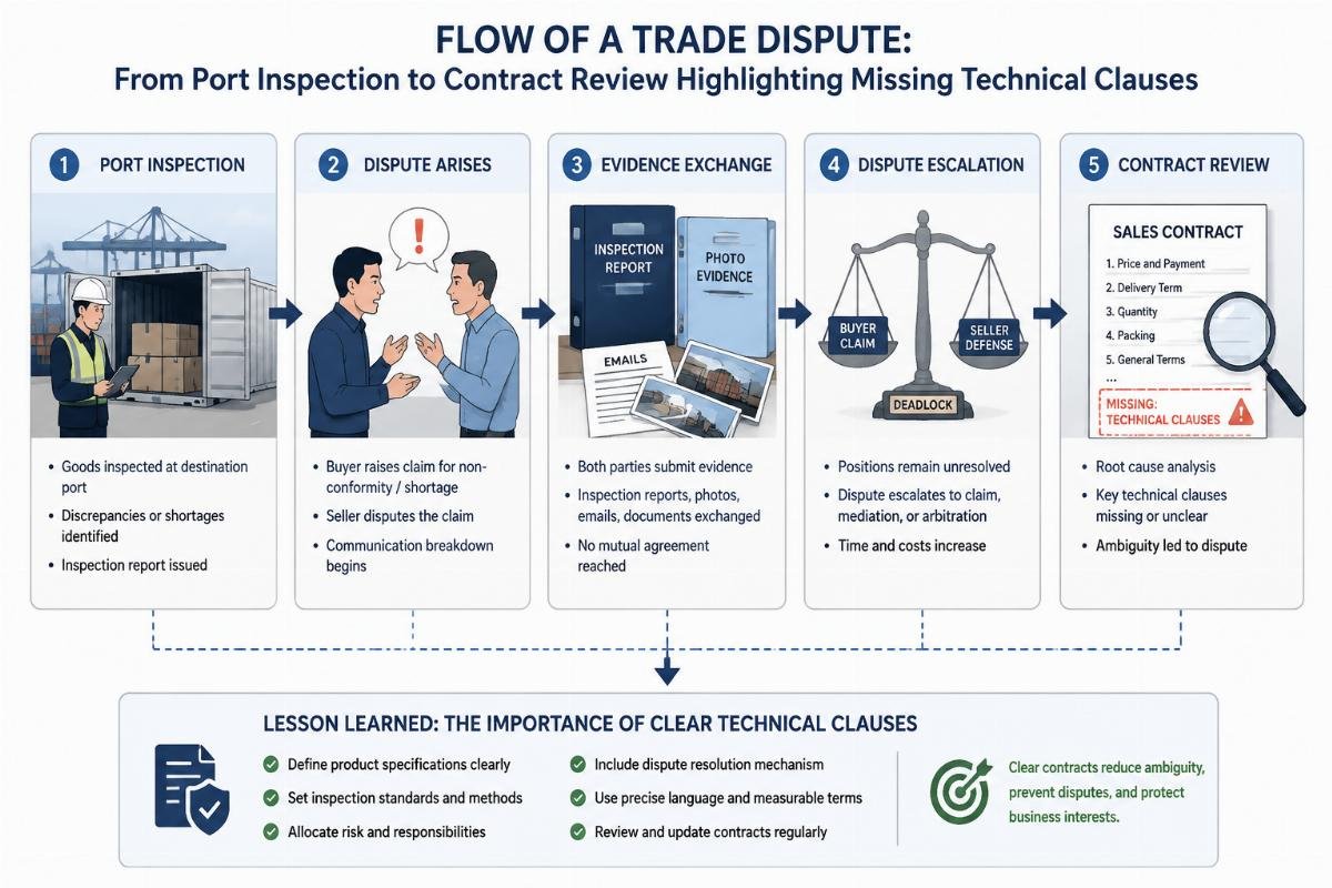 Diagram showing the flow of a trade dispute from port inspection to contract review highlighting missing technical clauses