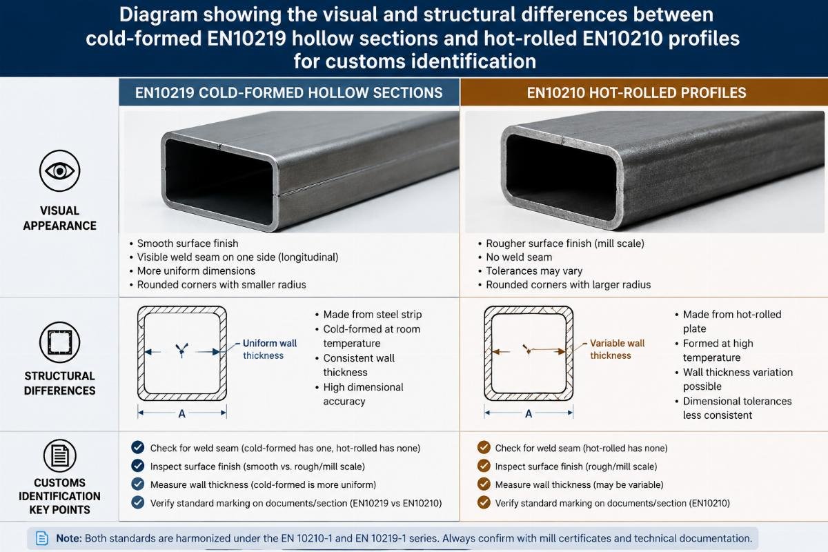 Diagram showing the visual and structural differences between cold-formed EN10219 hollow sections and hot-rolled EN10210 profiles for customs identification