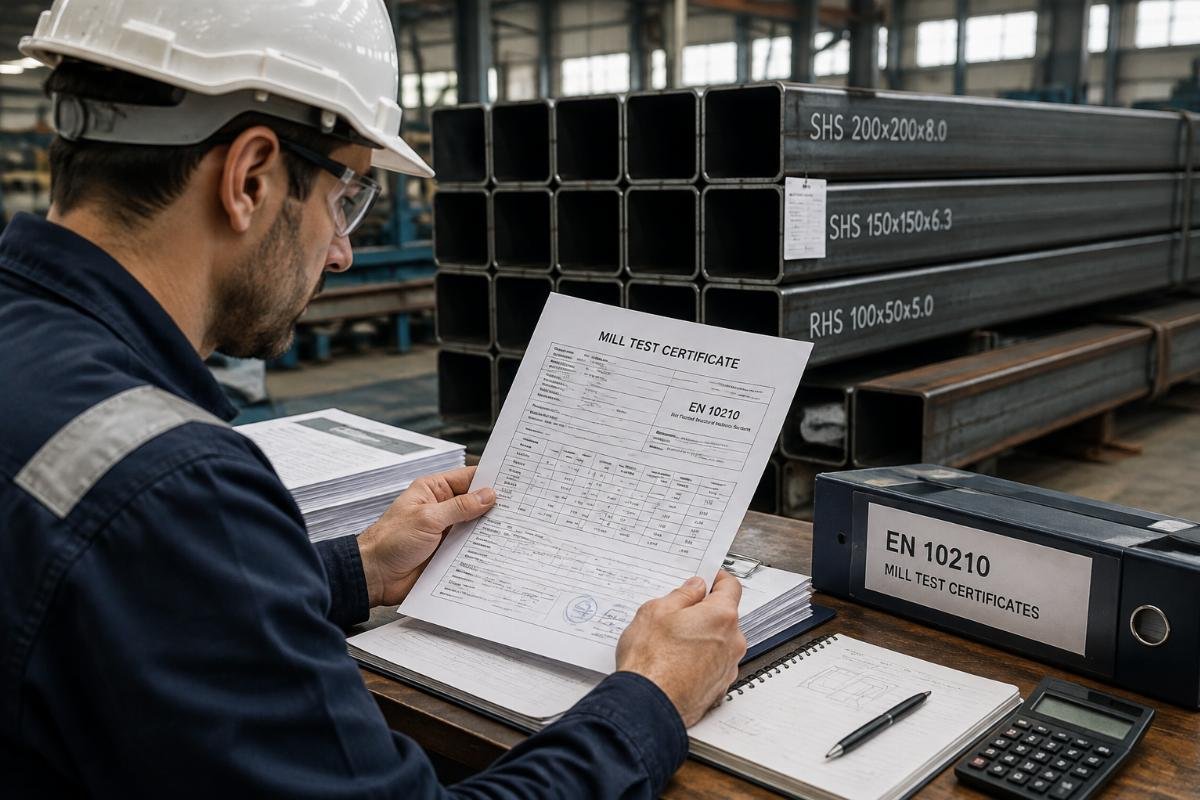 Engineer reviewing mill test certificates for EN10210 hot-finished steel sections