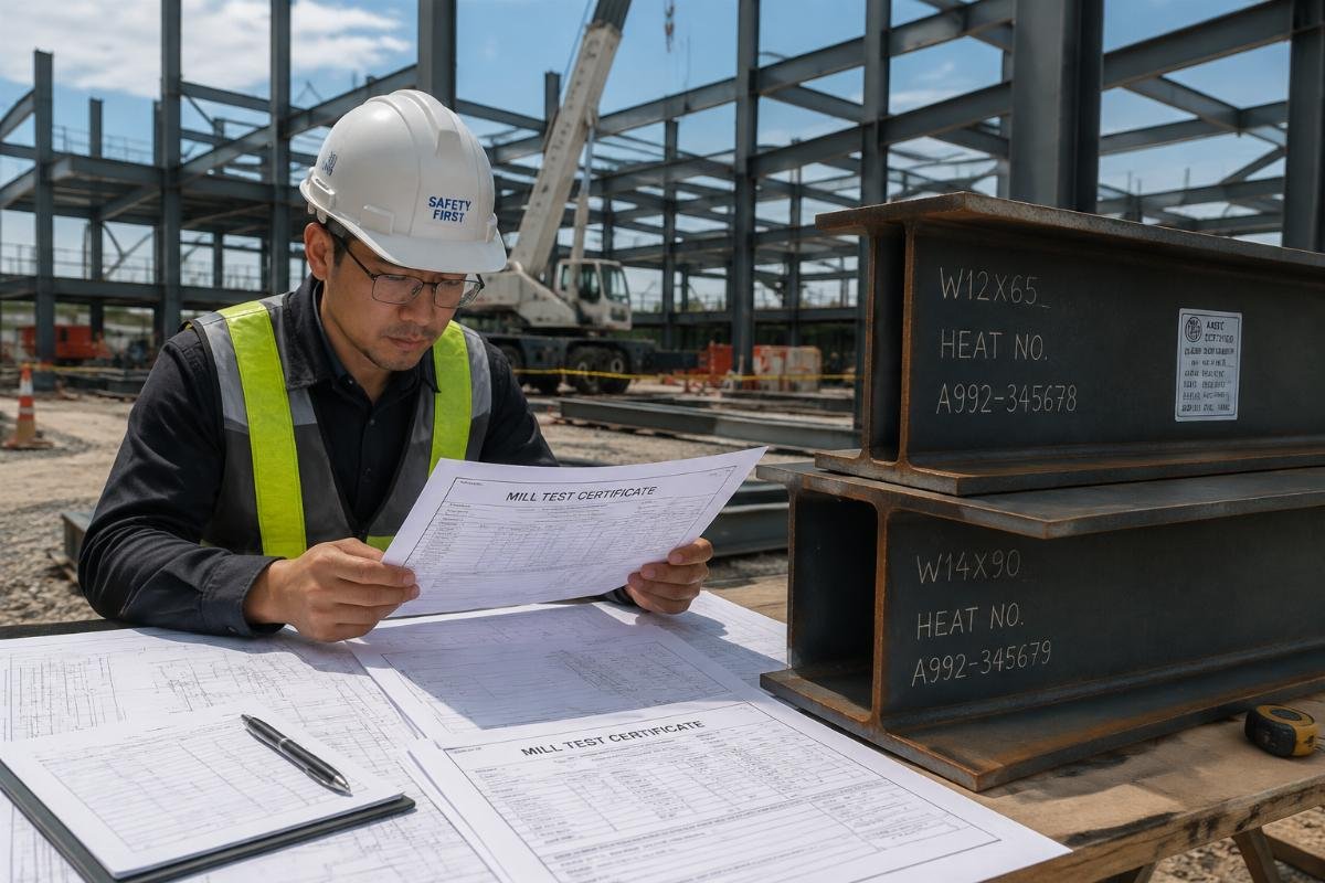 Engineer reviewing structural drawings and mill test certificates on a construction site