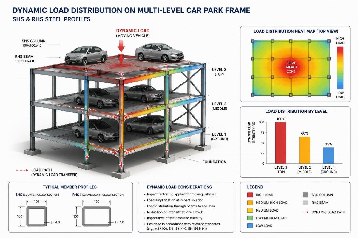 Engineering diagram showing dynamic load distribution on a multi-level car park frame made of SHS and RHS profiles