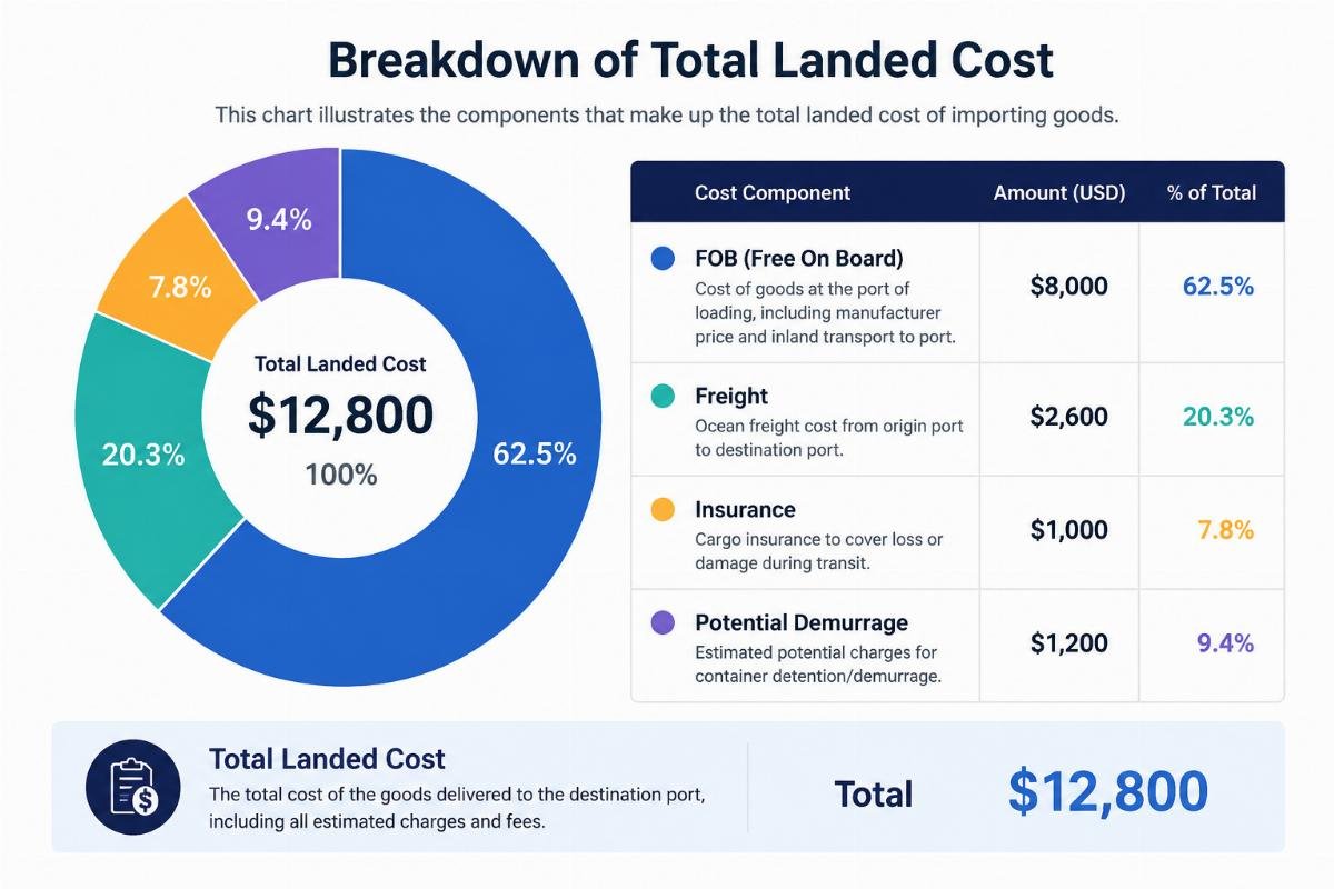 Graph showing breakdown of total landed cost including FOB, freight, insurance, and potential demurrage