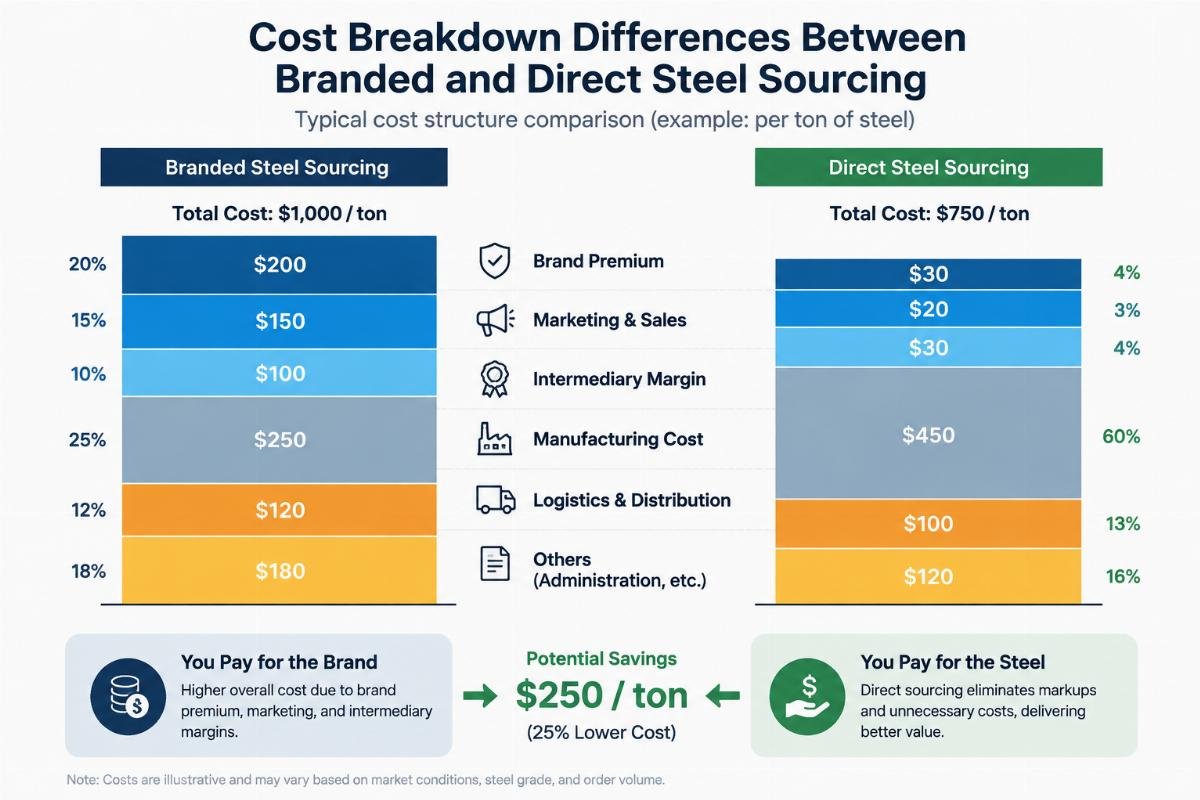 Graph showing cost breakdown differences between branded and direct steel sourcing