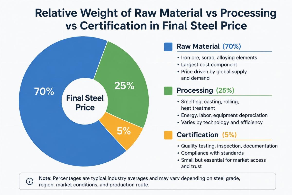 Graph showing relative weight of raw material vs processing vs certification in final steel price