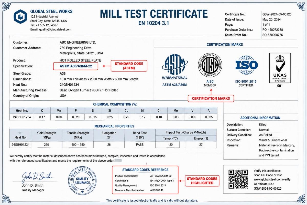 Image of a Mill Test Certificate highlighting standard codes and certification marks